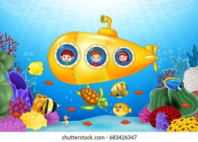 Little kids in submarine on the sea