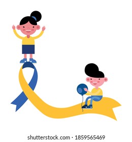 little kids in syndrome down ribbon campaign and balloon vector illustration design