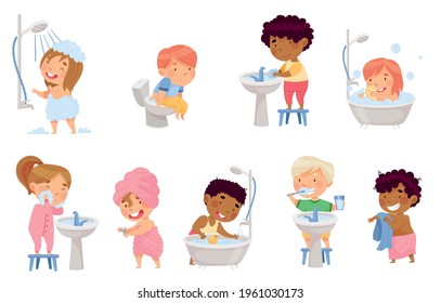 Little Kids Taking Bath Brushing Teeth Stock Vector (Royalty Free ...