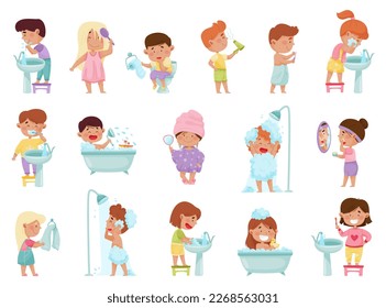 Little Kids Taking Bath and Washing Body Big Vector Set