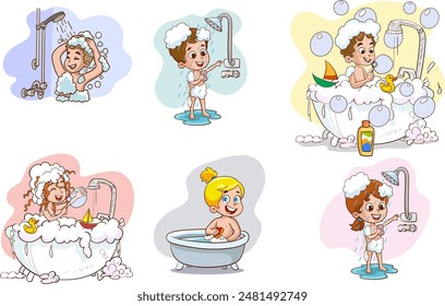 Little Kids Taking Bath and Washing Body Big Vector Set