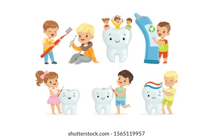 Little Kids Taking Care of Tooth Purity Brushing it With Toothbrush Vector Illustrations Set