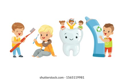 Little Kids Taking Care of Tooth Purity Brushing it With Toothbrush Vector Illustration
