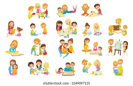 Little Kids Together with Parents Engaged in Hobby and Leisure Activity Vector Big Set