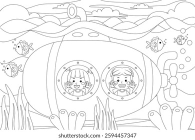 little kids under the sea riding a submarine