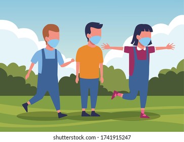 little kids using face mask for covid19 vector illustration design