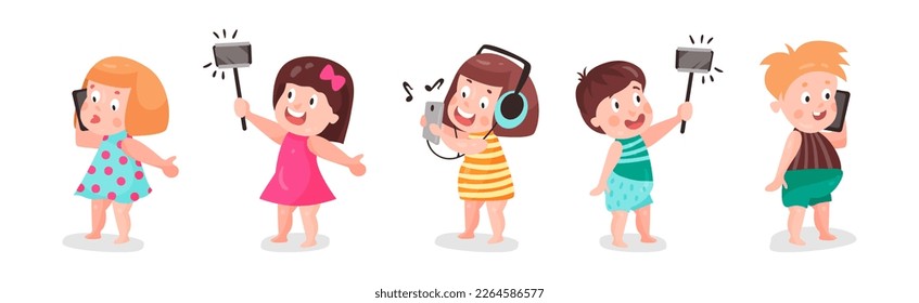 Little Kids Using Mobile Gadget Browsing in the Internet Vector Set