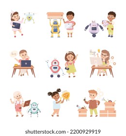 Little Kids Using Smart Technology and Artificial Intelligence Engineering and Programming Vector Set