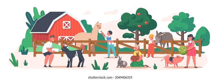 Little Kids Visit Contact Zoo. Children Feeding Animals, Toddlers Characters Petting Domestic Llama, Rabbits, Piglet And Goatling. Girls And Boys Spend Time On Farm. Cartoon People Vector Illustration