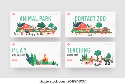 Little Kids Visit Contact Zoo Landing Page Template Set. Children Feeding Animals, Characters Petting Domestic Llama, Rabbit, Piglet and Goatling Spend Time on Farm. Cartoon People Vector Illustration