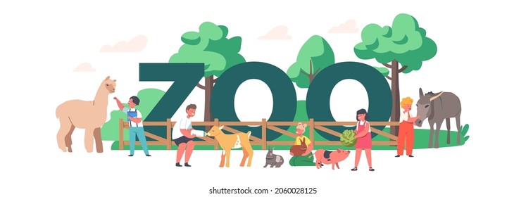 Little Kids Visit Contact Zoo Concept. Children Feeding Animals, Toddlers Characters Petting Domestic Llama, Rabbits, Piglet and Goatling Poster, Banner or Flyer. Cartoon People Vector Illustration