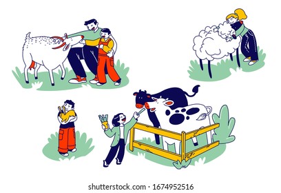 Little Kids Visit Farming Zoo with Parents. Children Characters Petting Domestic Animals Care of Cows, Sheep, Rabbits and Goat. Father and Boy Spend Time on Weekend. Linear People Vector Illustration