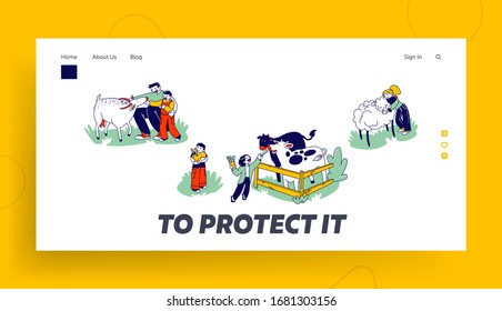 Little Kids Visit Farming Zoo with Parents Landing Page Template. Children Characters Petting Domestic Animals Care of Cows, Sheep, Rabbits and Goat on Weekend. Linear People Vector Illustration