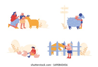 Little Kids Visit Farming Zoo with Parents. Children Characters Petting Domestic Animals Care of Sheep, Rabbits and Goat. Mother, Girl and Boy Spend Time on Weekend. Cartoon People Vector Illustration