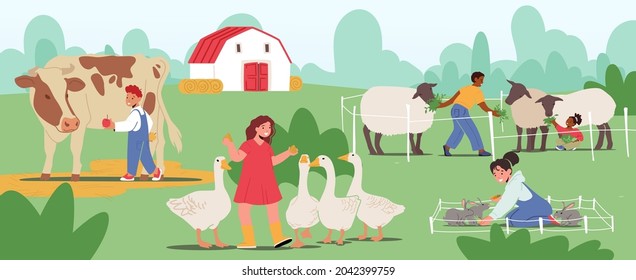 Little Kids Visit Farming Zoo. Children Feeding Animals, Toddlers Characters Petting Domestic Sheep, Rabbits and Cow with Geese. Girls and Boys Spend Time on Farm. Cartoon People Vector Illustration