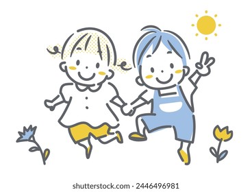 little kids walking together, cute illustration