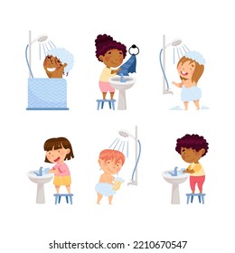 Little Kids Washing Hands in Sink and Taking Shower in Bathroom Vector Set