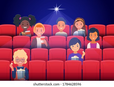 Little Kids Watching A Movie In The Movie Theater And Eating Popcorn. Flat Cartoon Vector Illustration