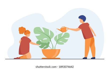 Little kids watering plant in pot. Leaf, child, greenery flat vector illustration. Home gardening and childhood concept for banner, website design or landing web page