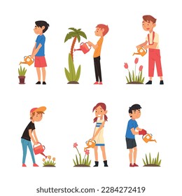 Little Kids Watering Plants and Flower with Watering Can Vector Set