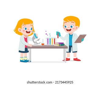 little kids wear white coat and do research