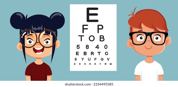 
Little Kids Wearing Corrective Glasses Vector Cartoon Illustration. Happy Cheerful children having their eyesight checked 
