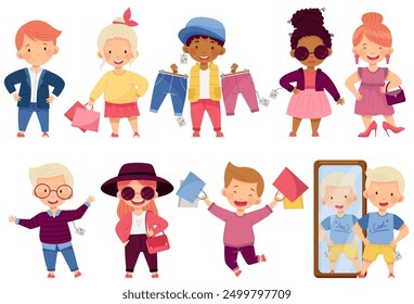 Little Kids Wearing Different Fashion Clothes Fitting New Stylish Look Vector Set