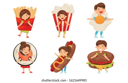 Little Kids Wearing Food Costumes and Smiling Vector Illustrations Set