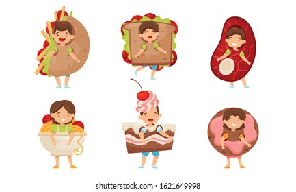 Little Kids Wearing Food Costumes and Smiling Vector Illustrations Set