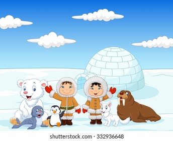 Little kids wearing traditional eskimo costume with arctic animals and igloo house background
