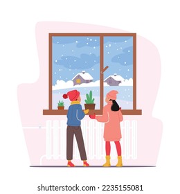 Little Kids in Winter Clothes Looking on First Snow through Home Window. Children Girl and Boy Characters Glad for Falling Snowflakes on Street at Wintertime Day. Cartoon People Vector Illustration