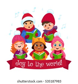 Little kids in winter clothing singing Christmas caroling flat composition vector illustration