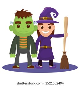 little kids with witch and frankenstein costumes characters vector illustration design