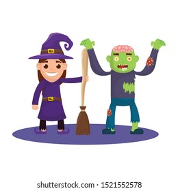 little kids with witch and zombie costumes characters vector illustration design