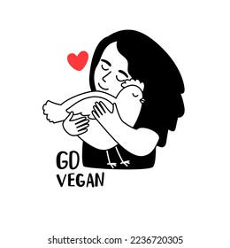 Little kind girl hugs the chicken. Go vegan. Vector illustration about friendship between people and animals. Nature respect concept and vegan. Happy hen with little hearts. Chicken character