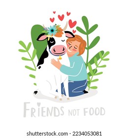 Little kind girl shows her love to animals and hugging a cow. Nature respect concept and vegan lifestyle. Happy calf with the flower wreath on head and surrounded by hearts. Vector illustration