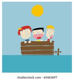 little kinds on a boat in the beach