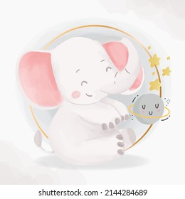 Little king baby elephant playing with moon and star. Nursery Watercolor wild forest animal