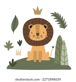 Little king surrounded by tropical plants. Vector illustration for children. Use for t-shirt template, surface design, fashion baby clothes, baby shower