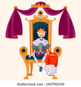 Little king wearing crown and royal mantle, sitting on a throne. Vector illustration.