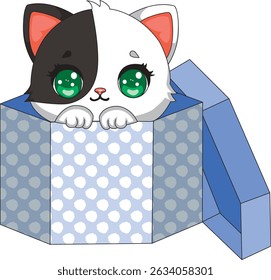 Little Kitten Blue Gift Box Vector