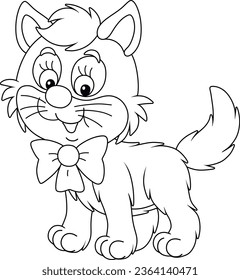 Little kitten with a bow, black and white outline vector cartoon illustration for a coloring book