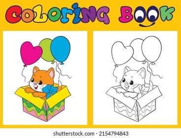 Little kitten in a box. Present. air balloons. Coloring book for children.