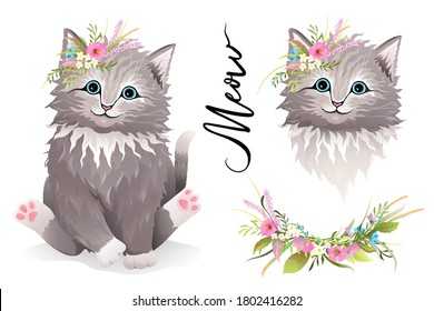 Little kitten or cat with flowers on head and just head designer clipart collection. Realistic hand drawn vector cute animal for kids and adults t shirt print and other design. Watercolor style.
