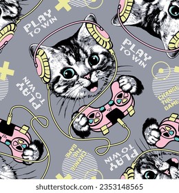 Little kitten cat plaing game with joystick and headphones seamless pattern. Vector illustration.