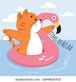 Gatinho pequeno, gatinho bonito, calor, verão, férias, mar, fim de semana, feriados, praia, costa, nadar, boia salva-vidas, flamingo, relaxar, tomar sol, nadar, diversão, interessante, sonho, gatinho gengibre, menina, imprimir