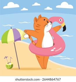 Gatinho pequeno, gatinho bonito, calor, verão, férias, mar, fim de semana, feriados, praia, costa, nadar, boia salva-vidas, flamingo, relaxar, tomar sol, nadar, diversão, interessante, sonho, gatinho gengibre, menina, imprimir