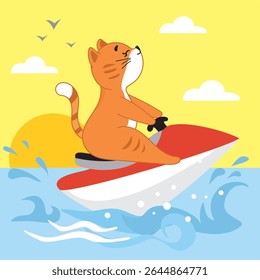 Gatinho pequeno, gato fofo, calor, verão, férias, mar, fim de semana, feriados, praia, costa, nadar, boia salva-vidas, relaxar, tomar sol, nadar, diversão, interessante, sonho, gato de gengibre, menina, imprimir, bicicleta de água