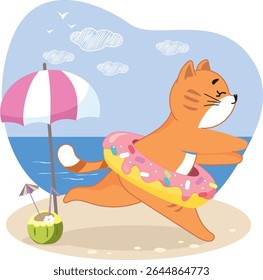 Gatinho pequeno, gatinho bonito, calor, verão, férias, mar, fim de semana, feriados, praia, costa, nadar, boia salva-vidas, flamingo, relaxar, tomar sol, nadar, diversão, interessante, sonho, gatinho gengibre, menina, imprimir