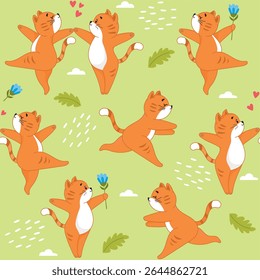 Little kitten, cute cat, spring, flowers, summer, seamless background, pattern, cats dancing, love, March, fun, interesting, dream, ginger cat, girl, background, pattern, background image, print 
